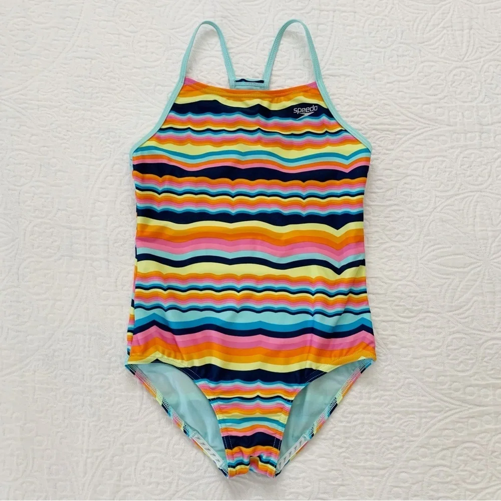Speedo Girls' Thin Strap One Piece Swimsuit, Rainbow Stripes